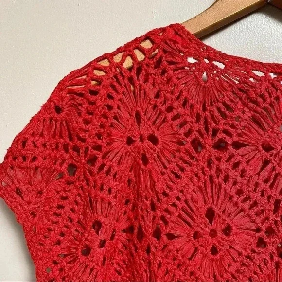 Chico’s Red Crochet Fringe Top Boho Festival Vacation Knit Blouse Size 0 Small - Picture 8 of 11
